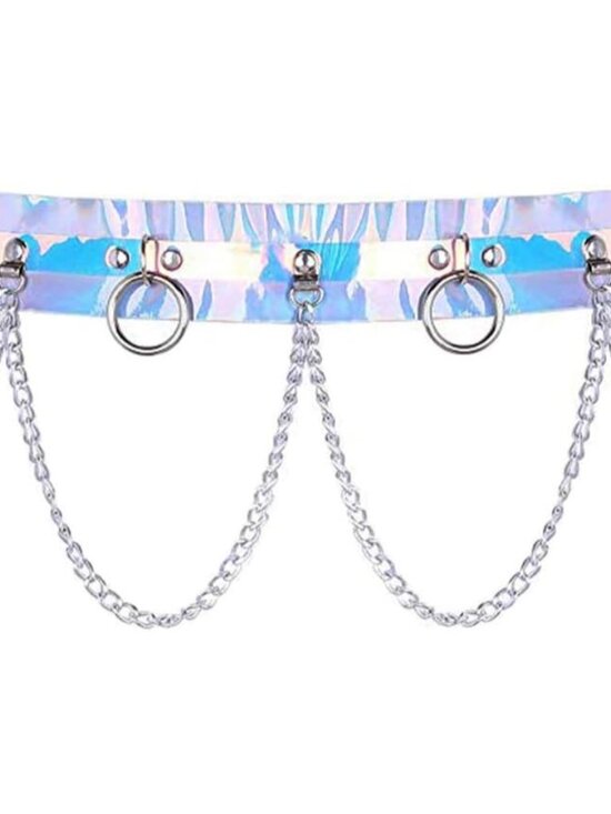 Women's Silver Holographic Body Chain Leather Gothic Punk Adjustable Waist Belt - Picture 2 of 5